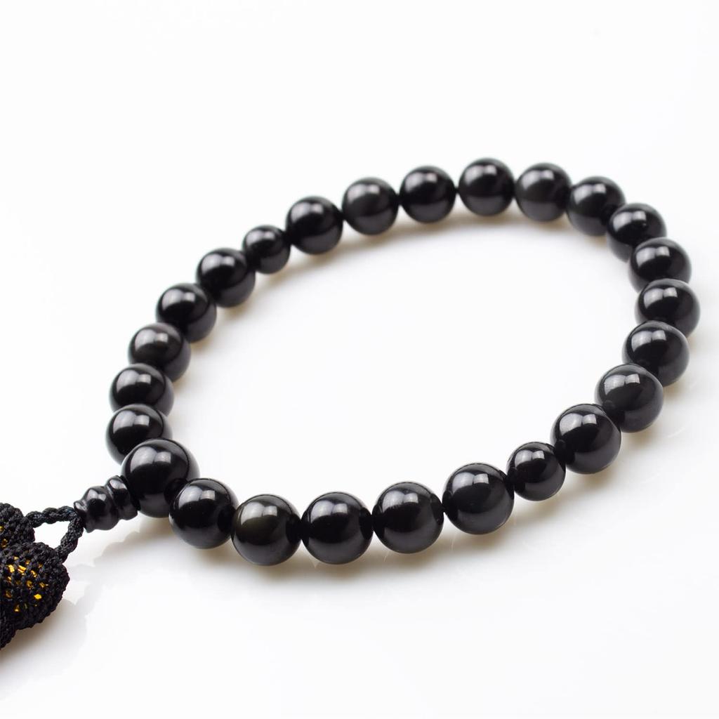 Eizen Nenjuya Men's Onyx Prayer Beads with Silk Tassel, 22 Beads, Nishijin Brocade, and Gold Brocade Bag, Perfect for Funerals, Wakes, and Informal