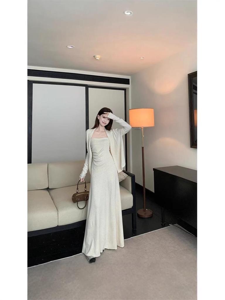 Gentle Style Women's Camisole & Cardigan Set with High-Waist Mermaid Skirt - Autumn/Winter Solid Colors