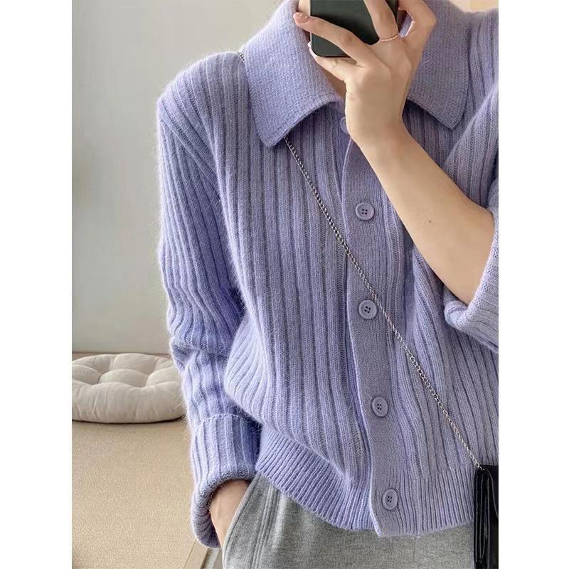 Chic Women's Ribbed Wool POLO Collar Short-Sleeve Knit Cardigan - Autumn/Winter Petite Outerwear.