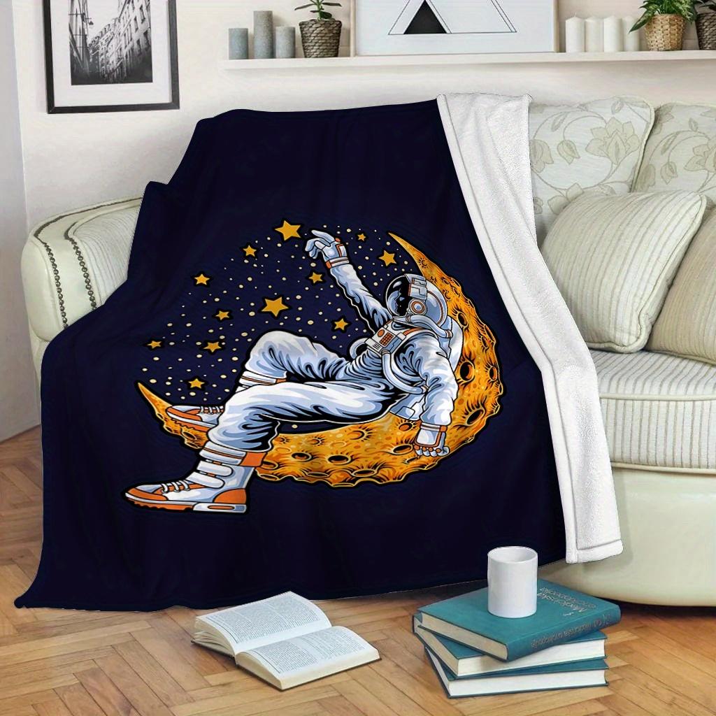 Astronaut on Moon Blanket - Soft Cozy Throw with Stars Design, Perfect for Bedroom Decor, Unique Gift for Space Lovers