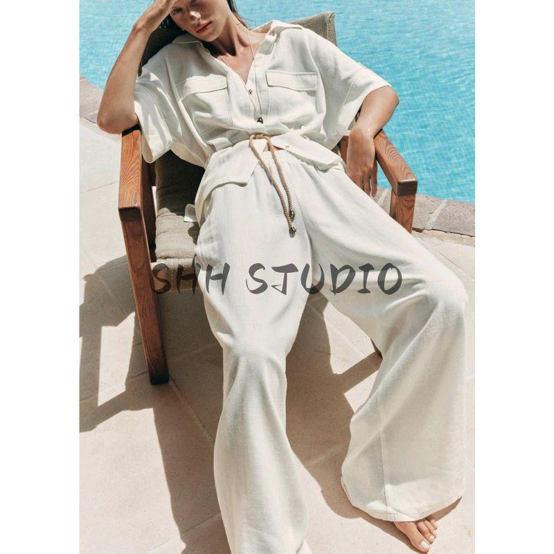 Summer Simplicity Shoelace Tour Hunting Jacket Shirt 3711393 High Waist Vacation Style Wide Leg Pants 2116393