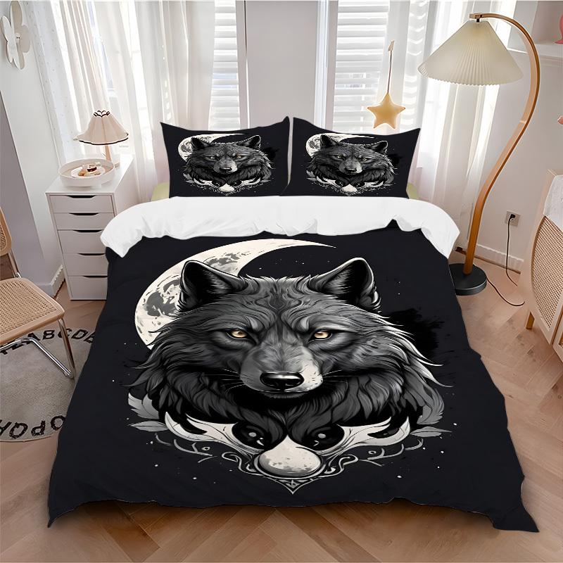 3pcs bedding set Wolf Moon Includes 1 Comforter + 2 Pillowcases, Without Pillow Inserts, Soft Comfortable, Lightweight Breathable, Printed H 135x200cm