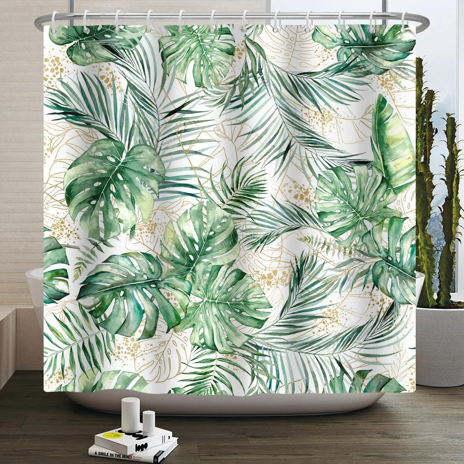

Watercolor Green Leaf Shower Curtain For Bathroom Vines Plant Nordic Minimalist Polyester Botanic Curtain For Home Hotel W60H190(CM)-1 Pcs