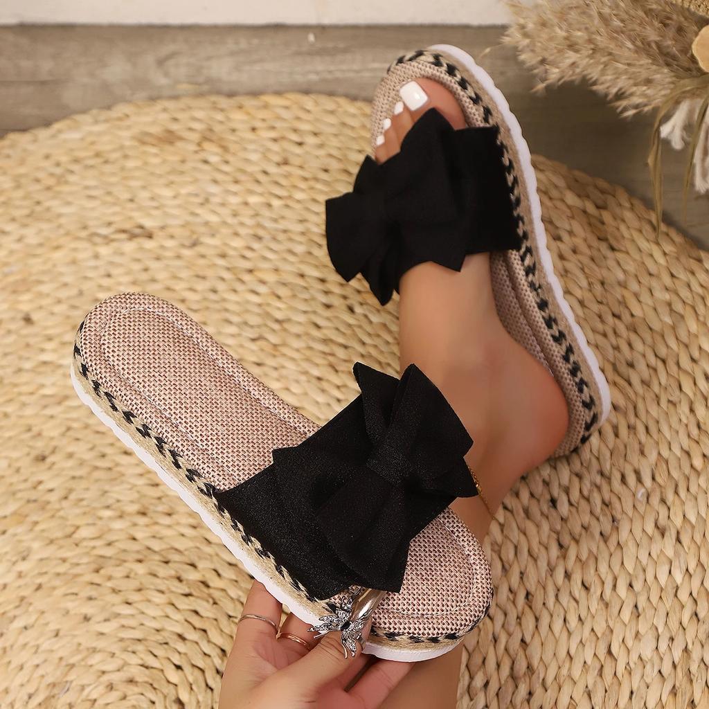Fashion Women Slippers 2025 New Casual Home Slippers Cute Linen Slides Women Summer Bow-knot Soft Floor Sandals Indoor Flat Shoes