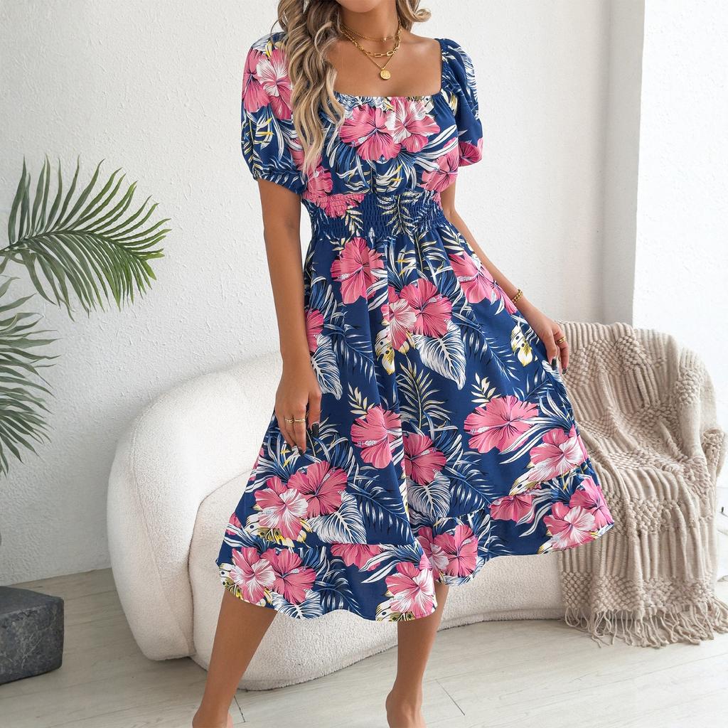 Women's Fashionable Floral Print Off Shoulder Short Sleeved Ruffle Edge Holiday Beach Loose Dress
