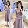 French Summer Temperament Purple Slim Dress New Waist Foreign Style Straps a Long Dress Feeling
