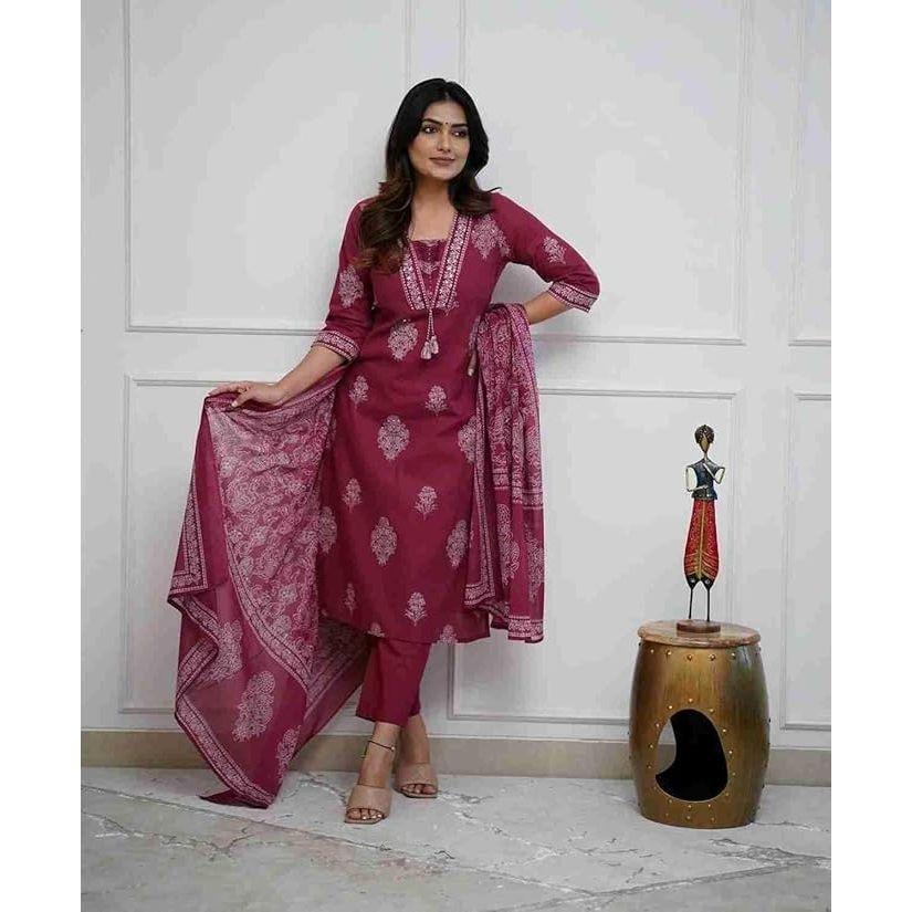 Women's Pure Cotton Printed with Handwork Kurta with Pants and Dupatta Set | Ethnic Set | Suit Set | Kurta Set | Wedding Suit Set