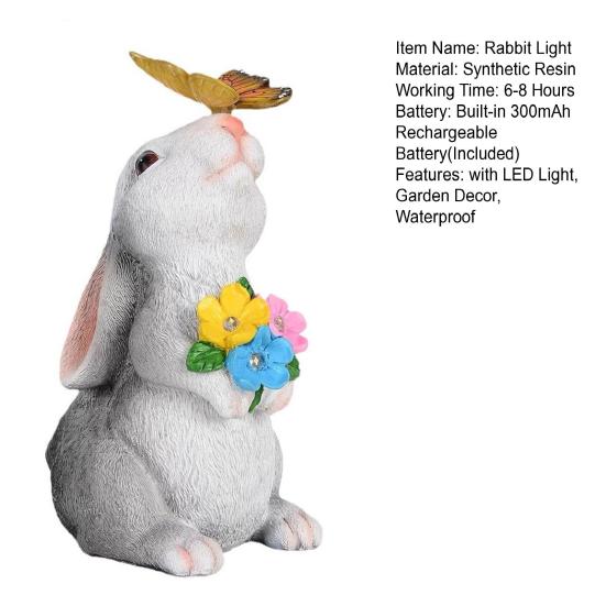 Outdoor Solar Rabbit Statue with LED Light Garden Waterproof Resin Butterfly Bunny Figurine Patio Yard Lawn Easter Decoration Ornament