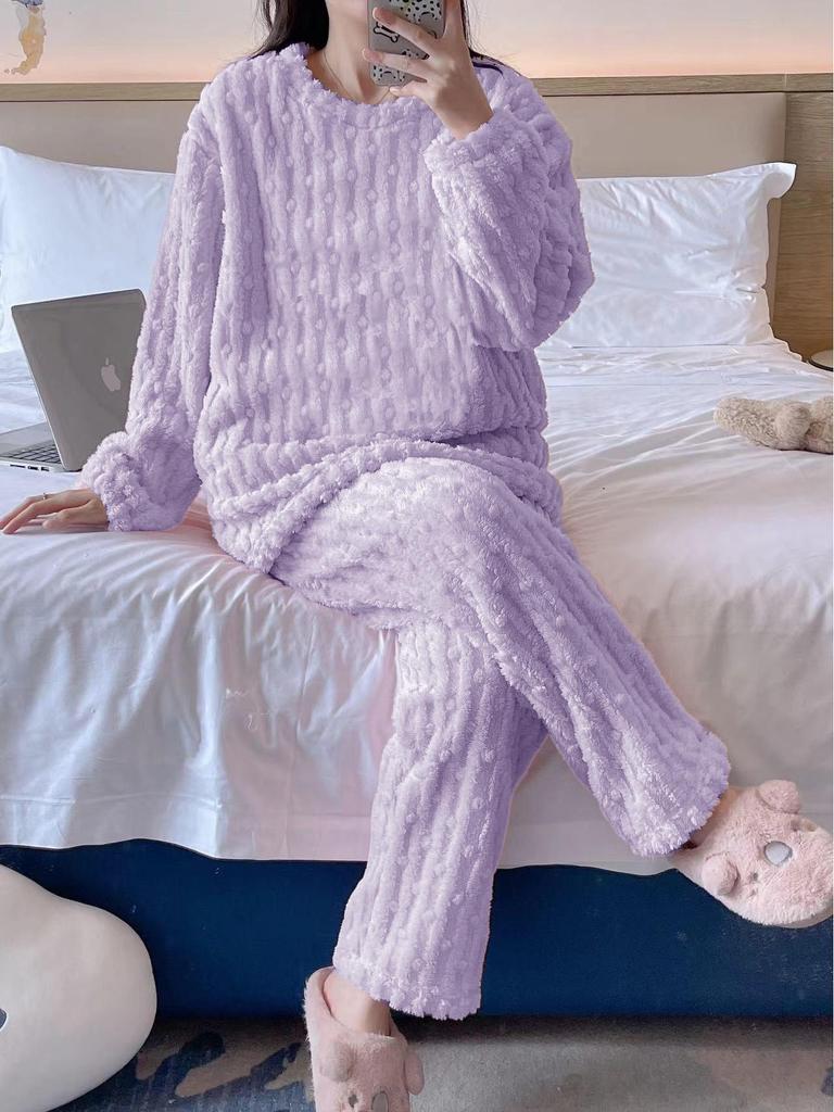 Pigiama da Donna Carino Cartone Animato Girocollo in Flanella - Caldo Set Homewear in Pile Corallo a Strisce per Autunno e Inverno