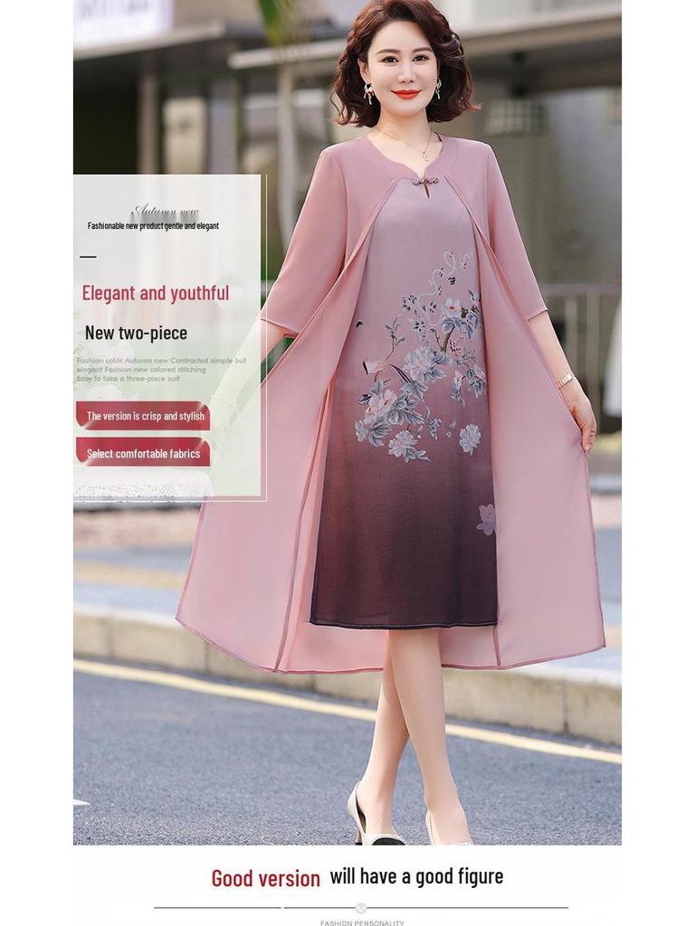 Letnia sukienka z szyfonu: Dwuczęściowy zestaw z krótkim rękawem dla kobiet w średnim wieku