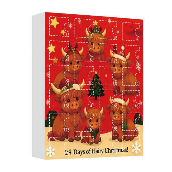Highlandská kráva Adventní kalendář 2025 24denní krabička pro odpočítávání Vánoc s ozdobami Multifunkční dekorace na stromeček a sváteční zábava pro děti
