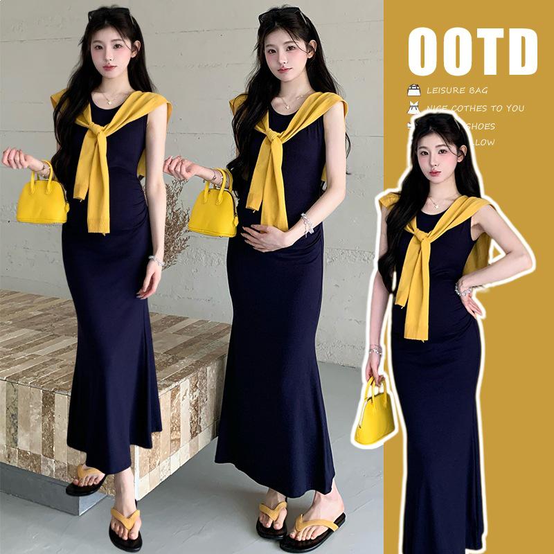 2026 Summer Elegant Maternity Tank Dress & Knit Shawl Two-Piece Set