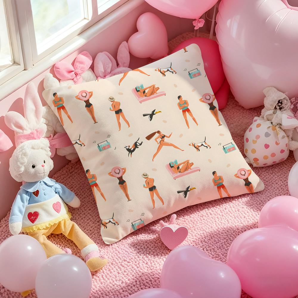 Summer vacation beach cartoon illustration Cushion Pattern Printed Pillowcase for Living Room Sofa Cushion Cover & Bedroom Decor