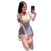 Summer New Women'S Maidservant Dress Blue Plaid Sexy Cute Sweet Lolita Temptation Bowtie Decoration Lace Perspective Dress Kwq2