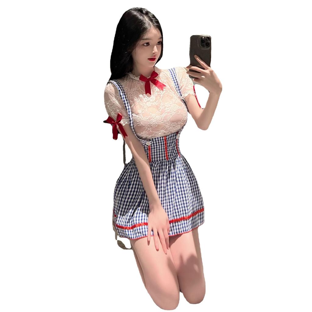 Summer New Women'S Maidservant Dress Blue Plaid Sexy Cute Sweet Lolita Temptation Bowtie Decoration Lace Perspective Dress Kwq2