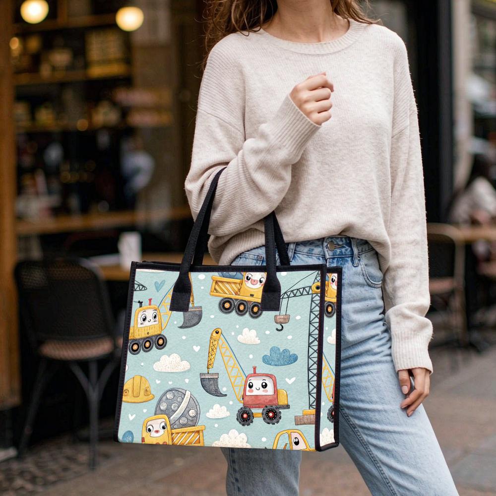 Cute Cartoon Construction Cars Large Tote Daily Outdoor Handbag Practical Carry Bag