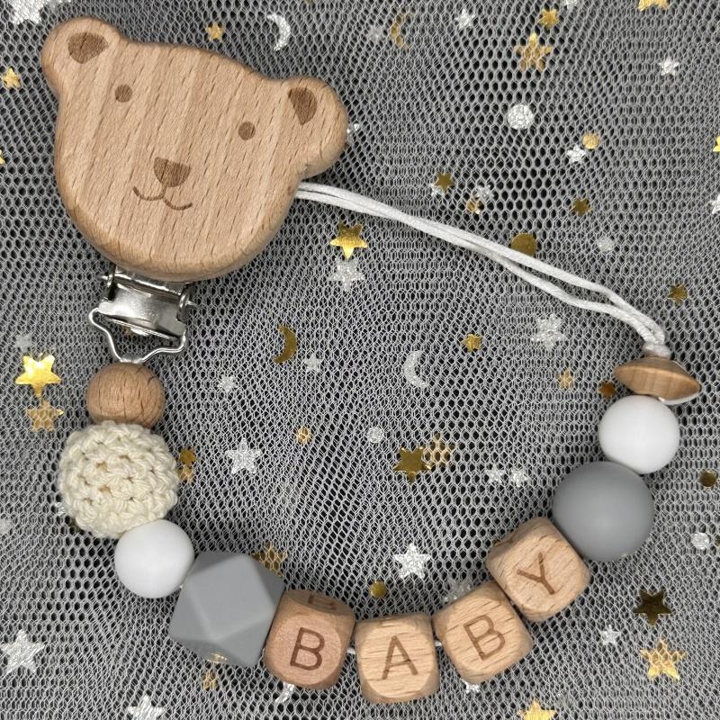 Individueller Personalisierter Name Handgefertigt Buchenholz Schnullerclip Halter Kette Silikon Krone Perle Beißring Baby Zahnen Geschenk