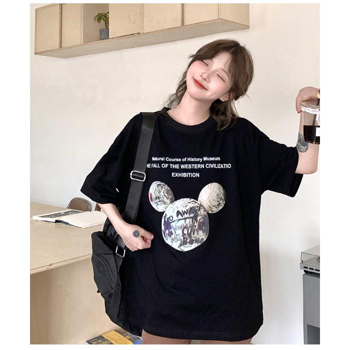 

White printed short-sleeved T-shirt women s summer new loose half-sleeved top ns pure cotton versatile crew neck T-shirt XXXL