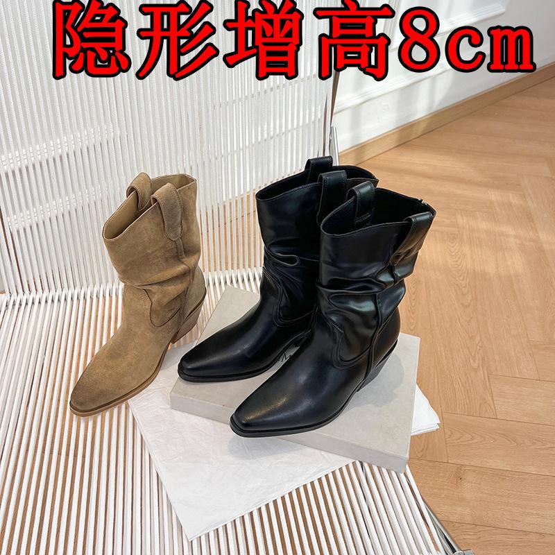 Invisible Inner Slim Pointed Thick Heel Short Boots Women'S Autumn And Winter New Stacking Boots Western Cowboy Boots Martin Boots Tide