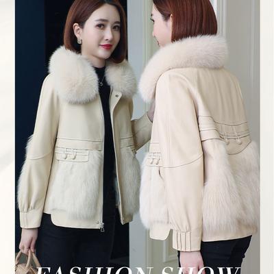 Giacca di Pelle Donna Corta Stile Coreano Cappotto con Collo in Pelliccia di Volpe Capispalla alla Moda