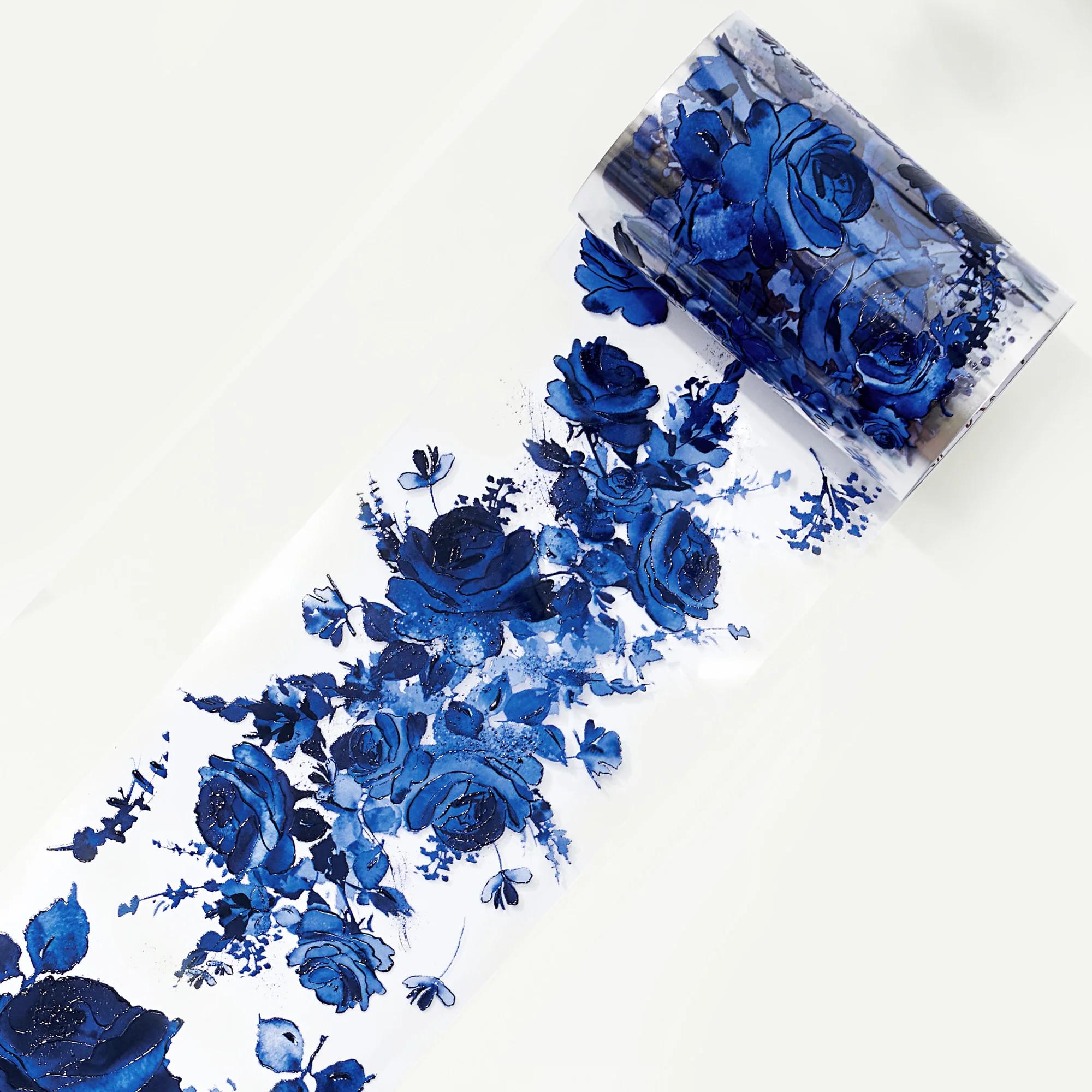 

Black/blue Rose Special Oil Flower Washi Tape PET Crystal Ink with Gold Stamping MaskingTape Roll Scrapbooking