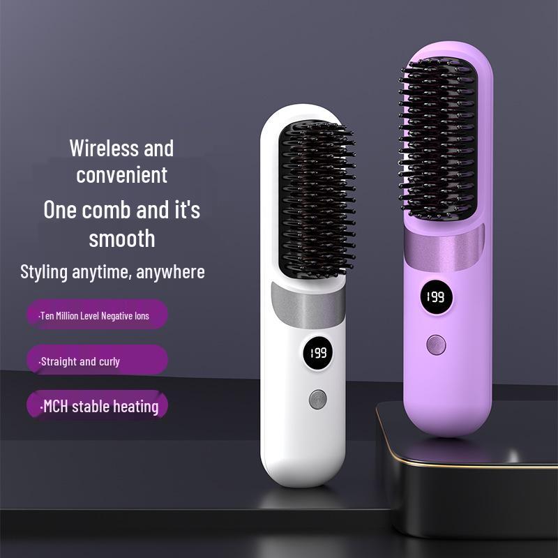 Portable USB Rechargeable Wireless Straightener & Curling Comb with Digital Display Milky White