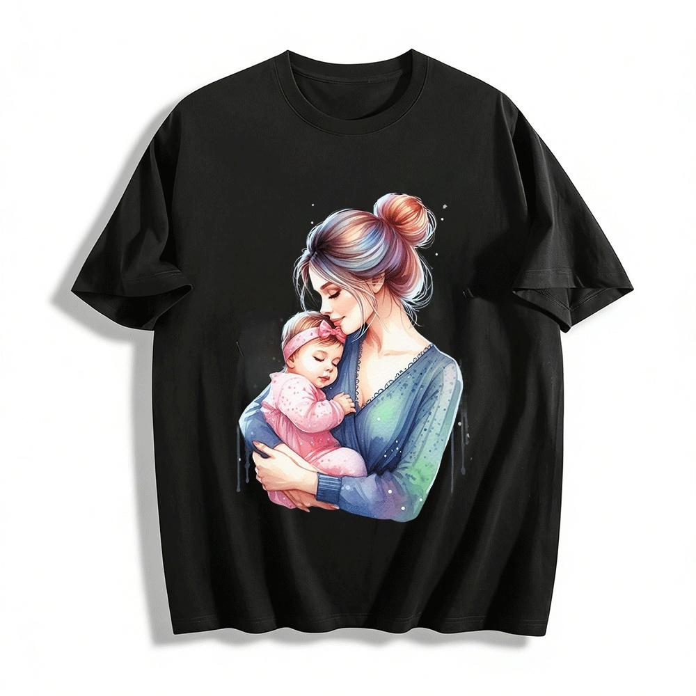 Sleeping Baby & Mom Hug Print Long Sleeve Top Pure cotton T-shirt XXS