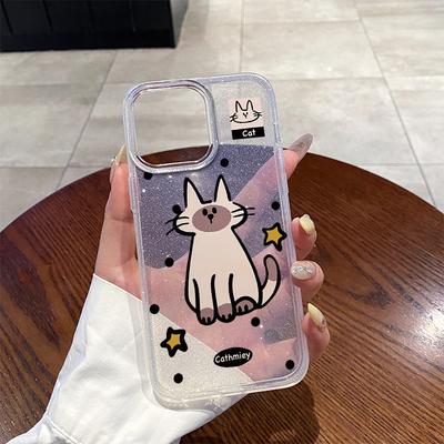 Summer New Ins Wind Transparent Glitter Cat iPhone15 Mobile Phone Case Apple 16Pro Anti-drop Hard Case 14pm