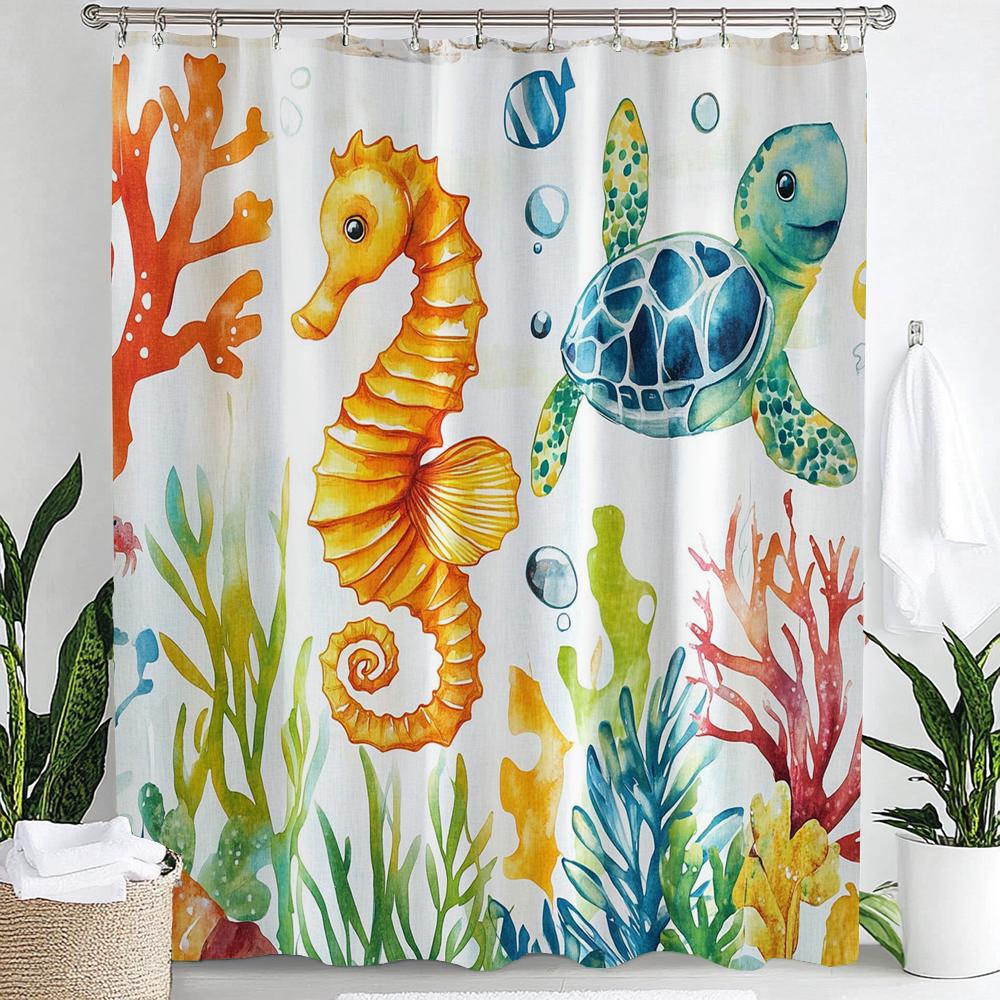 1Pc Blue Ocean, Hippocampus Print Waterproof Shower Curtain,Underwater World Bathing Curtain Partition Privacy Hanging Curtain