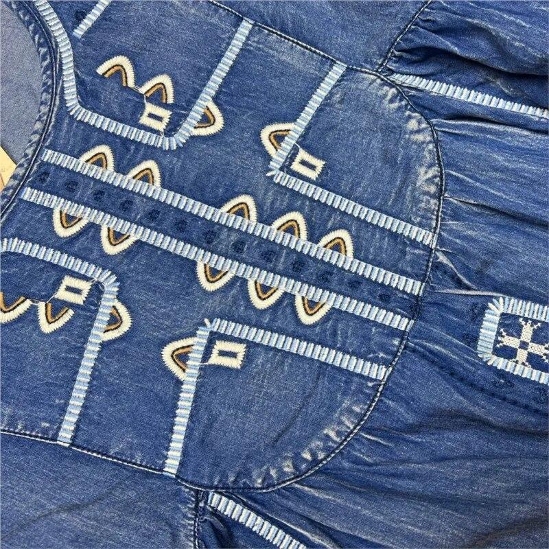 Johnature Woman Spring Cotton Vintage Lotus Leaf Pendulum Dress O-Neck Loose Half Sleeve Embroidery Niche Casual Dress