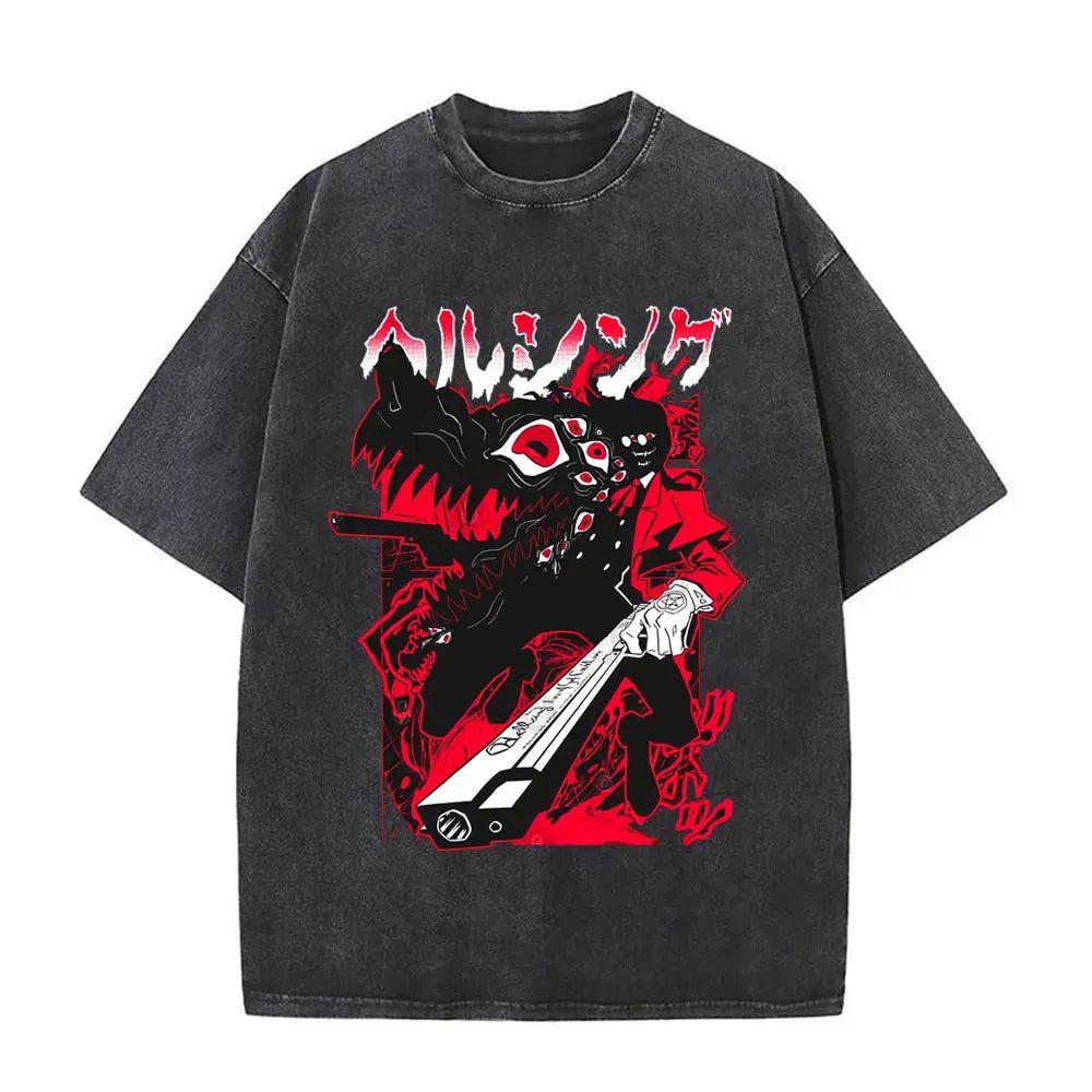 Sommer Washed Vintage Anime Hellsing Abraham Van Helsing Vampir Alucard Print T-Shirts Manga Übergroße T-Shirts