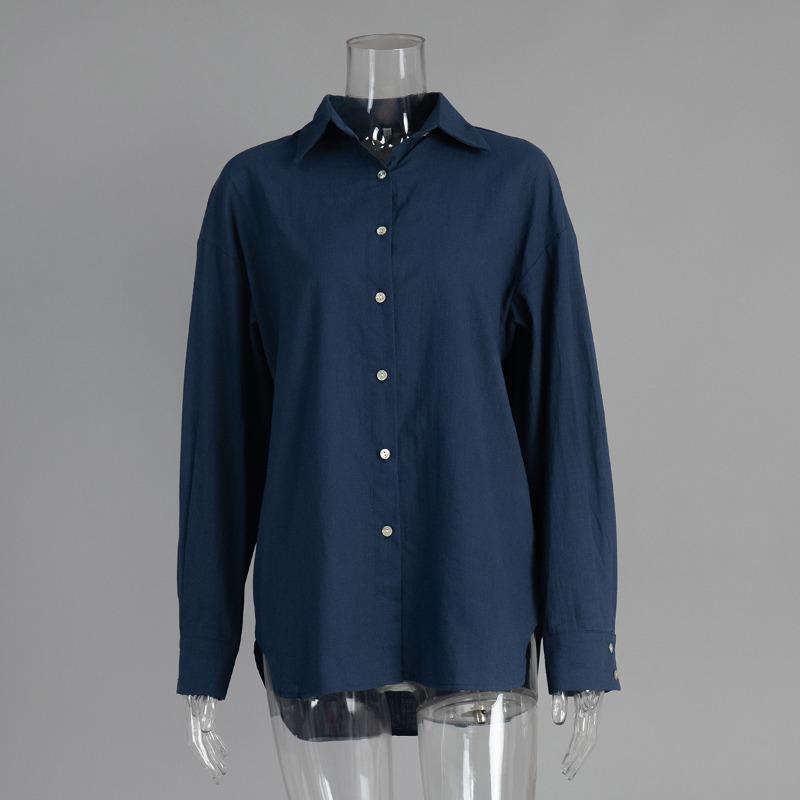 

Осенняя тонкая модная универсальная женская повседневная рубашка на пуговицах, ленивая модная повседневная однотонная простая свободная рубашка L тёмно-синий
