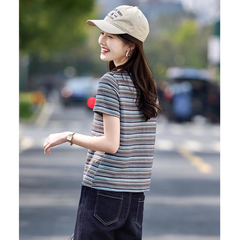 Women's Striped Color Block Round Neck T-Shirt