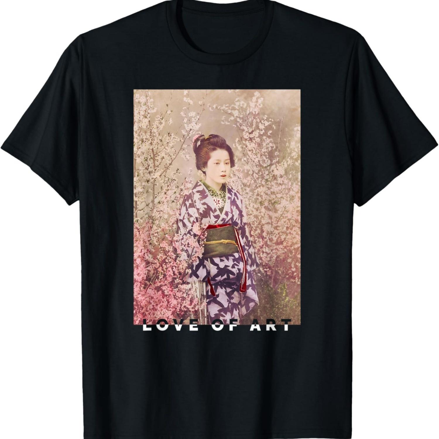 Vintage  Geisha and Cherry Blossom Aesthetic Art T-Shirt S чёрный