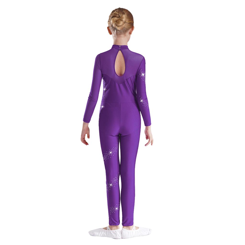 Jenter Glitrende Rhinestone Mesh Gymnastikk Jumpsuit Langermet Gjennomsiktig Lappverk Nøkkelhullrygg Kunstløp Dans Bodysuit