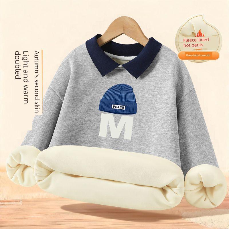 Girls' Sweatshirt Autumn and Winter Style A-Class Children's Autumn Clothing Fleece-Lined Thickened Warm Long-Sleeve T-Shirt Girls' Collared Top