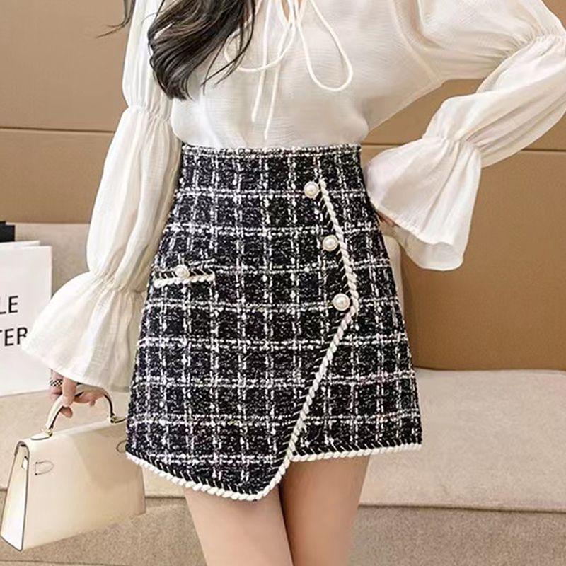 Whisper Printing Skirt Autumn Winter New Korean High Waist Plaid Western Style Irregular Button Comfortable All-match Mini Skirt