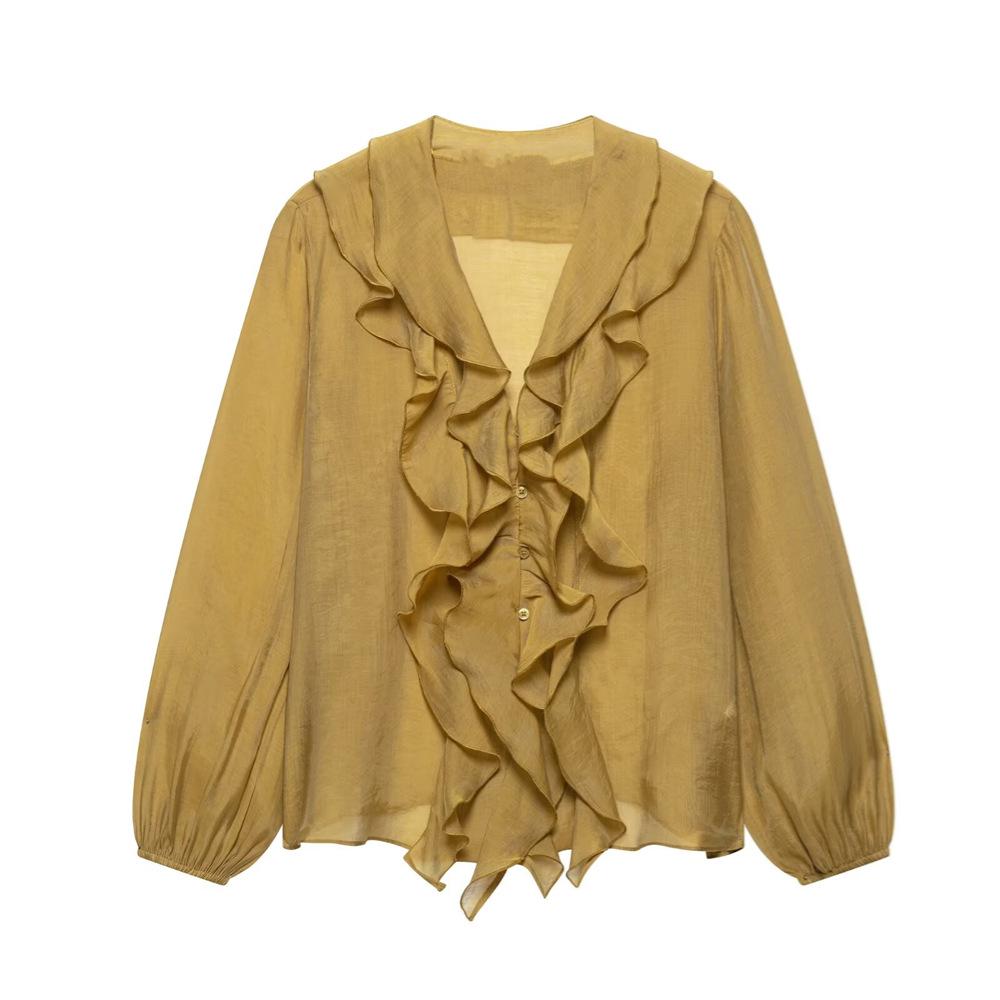2025 Spring/Summer Women's Slim Fit V-Neck Shirt with Layered Decoration