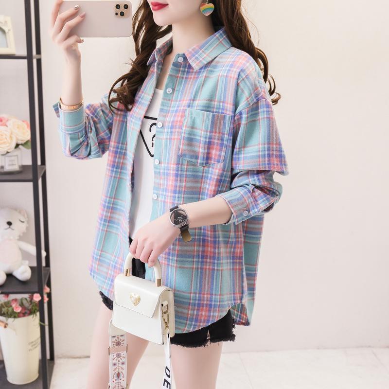 Camisa holgada de manga larga a cuadros para mujer, estilo coreano, chaqueta informal y versátil para estudiantes para primavera y otoño, talla grande, algodón