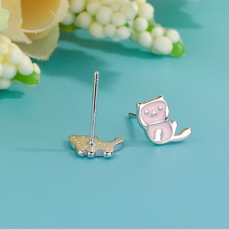 Fashion Asymmetrical Cut Cat 925 Sterling Silver Animal Popular Stud Earrings ED016