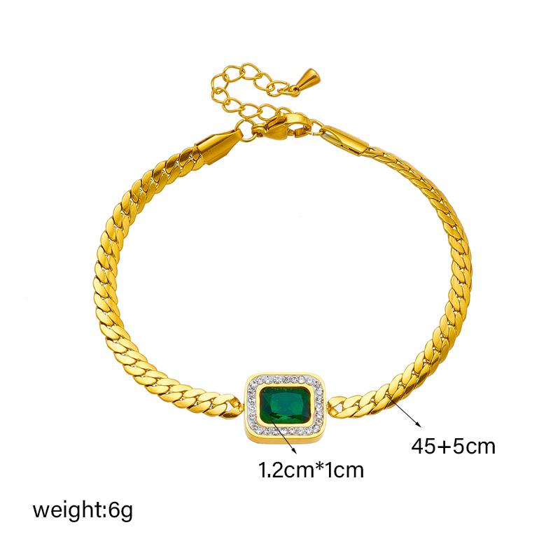 Stainless Steel Square Green Crystal Zircon Pendant Necklace Earrings Bracelet Jewelry Set for Women Gifts