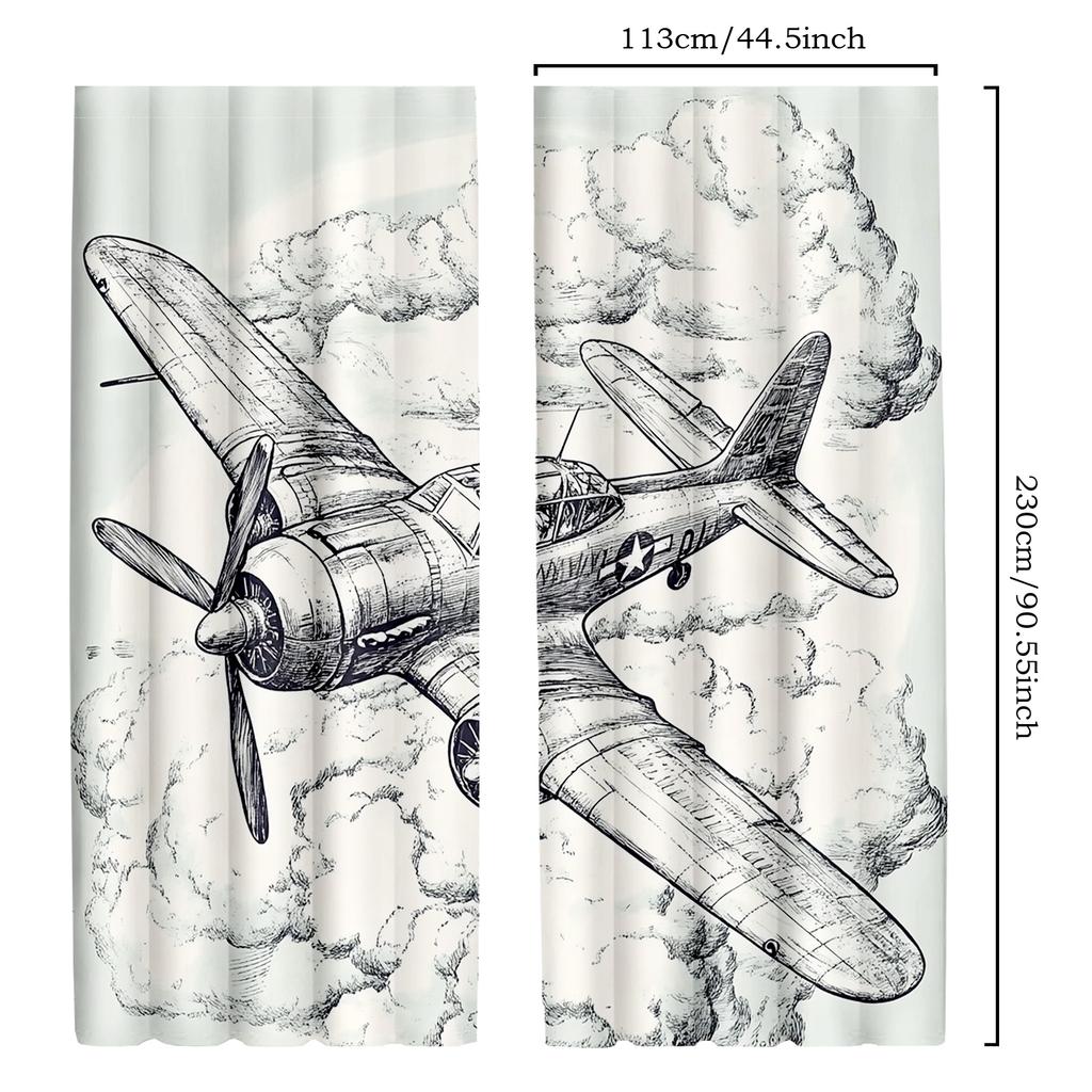 2pcs Classic Airplane Window Drapes   Vintage Blue & Black Round Frame Sketch with Sky Clouds   Polyester Fabric   Home Decor Curta