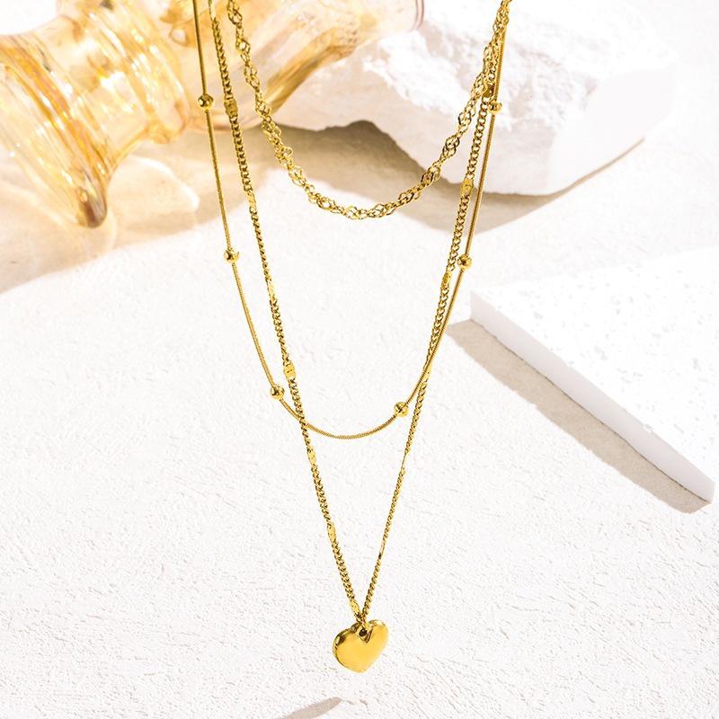 European and American Style Three-Layer Stainless Steel Heart Pendant and Beaded Clavicle Necklace