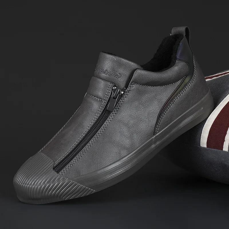 Men Leather Casual Shoes Fashion Double Zipper High Tops Flat Shoes Slip on Plush Male Sneakers Loafers Tenis Masculino 2024