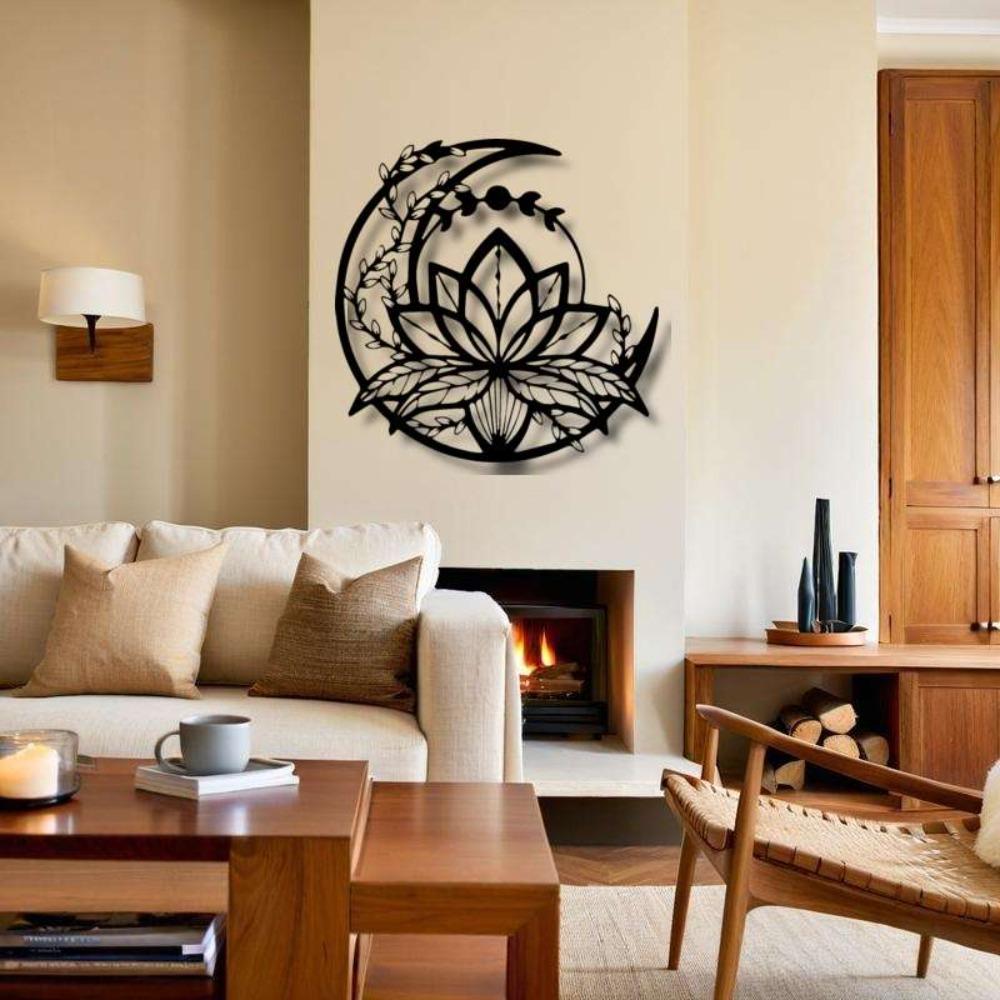 Wrought Iron Lotus Moon Wall Art Modern Minimalist Home Decor Living Room Bedroom Outdoor Patio Easy Install Housewarming Wedding Gift