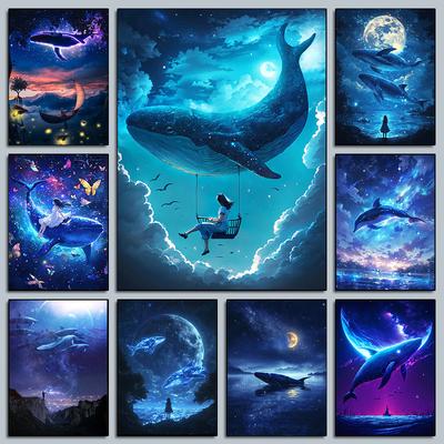 Marzycielskie Plakaty z Wielorybami Magiczna Spokojna Noc Surrealistyczne Otoczone Gwiazdami Grafiki Obraz na Płótnie Sztuka Obrazy Ścienne Dekoracja Domu Pokoju