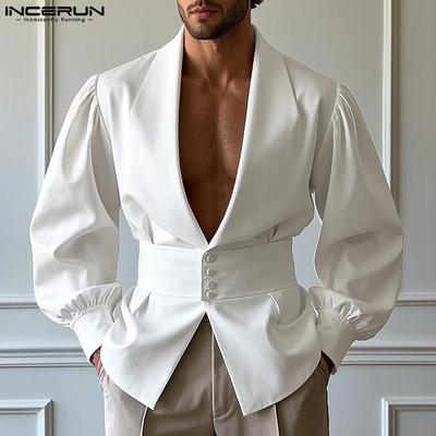 Men Long Sleeve Deep V Neck Buttons Belt Casual Loose Shirts