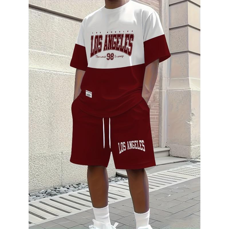 Men's Summer 2-Piece Outfit Floral Print Crew Neck T-shirt + Drawstring Shorts