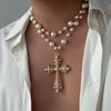 IngeSight.Z Charm Elegantes Imitationsperlen-Choker-Halskette für Männer Frauen Neu Goth Jesus-Kreuz-Anhänger Halskette Männlicher Party-Schmuck