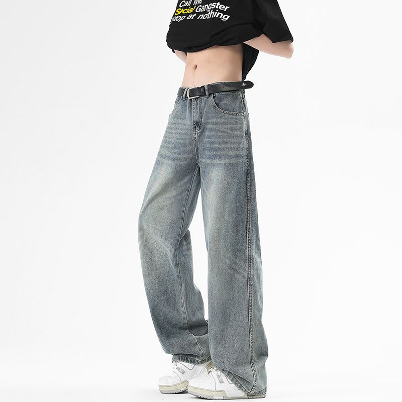 

Medm Beprp Washed Cotton Retro Worn Jeans Boys Spring Straight-leg Long Pants Hong Kong Style Retro Retro Men s Clothing Y26 Retro Blue X L(Recommended Around 72.5-80kg)
